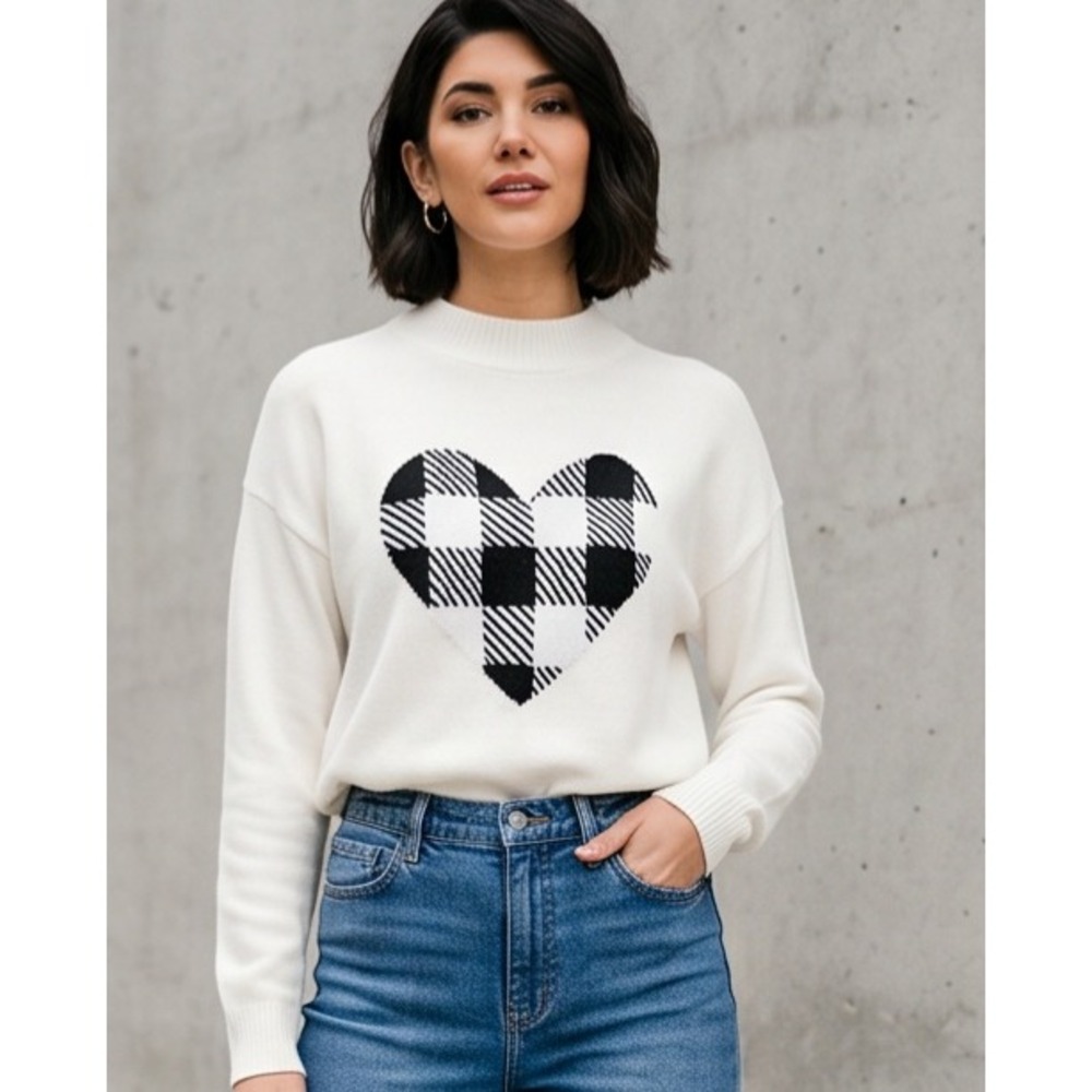 Talbots S Petite‎ Ivory Heart Buffalo Plaid Mock Neck Sweater Whimsical Cozy